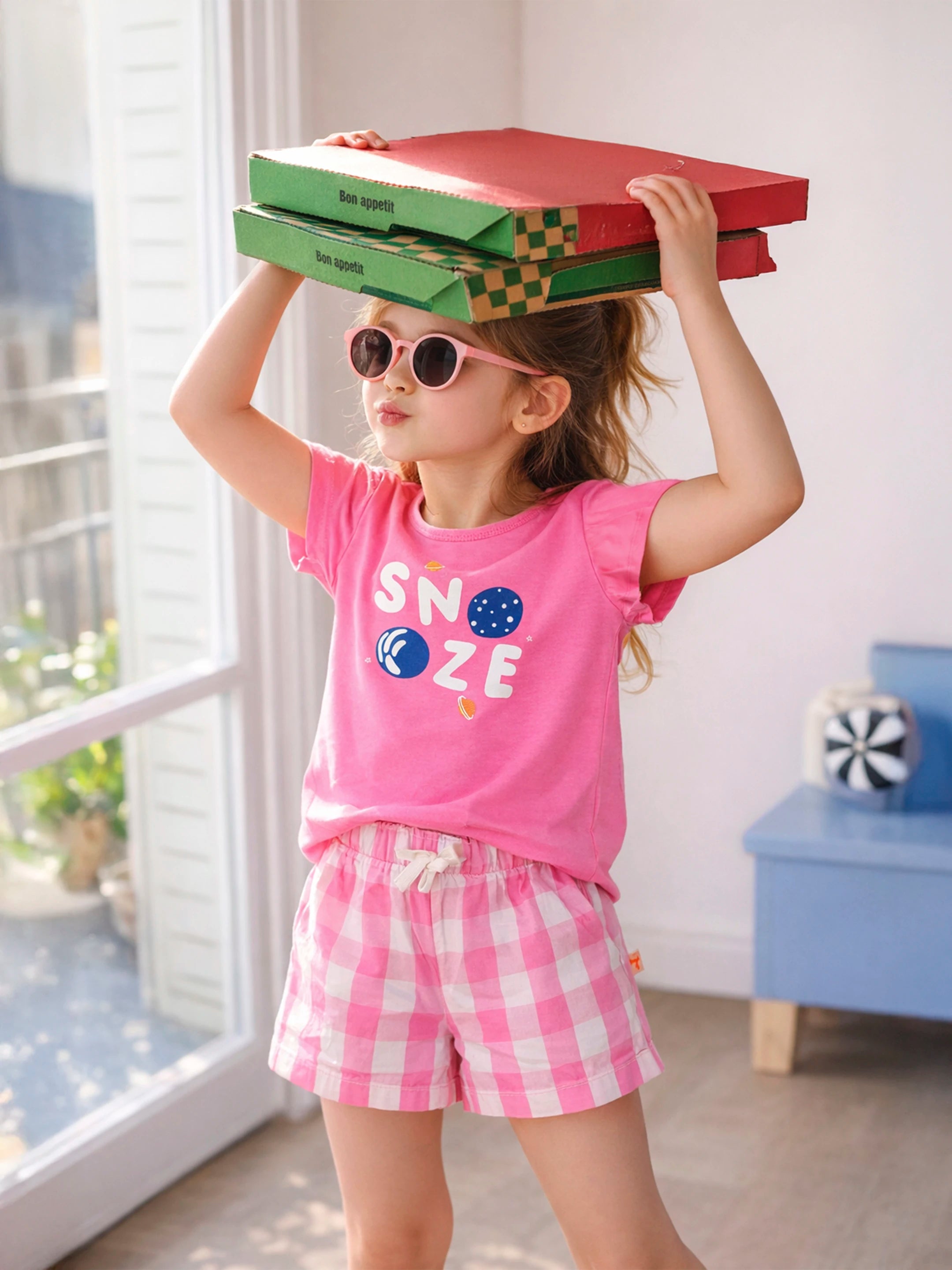 Snooze Pink Tee & Gingham Shorts Set