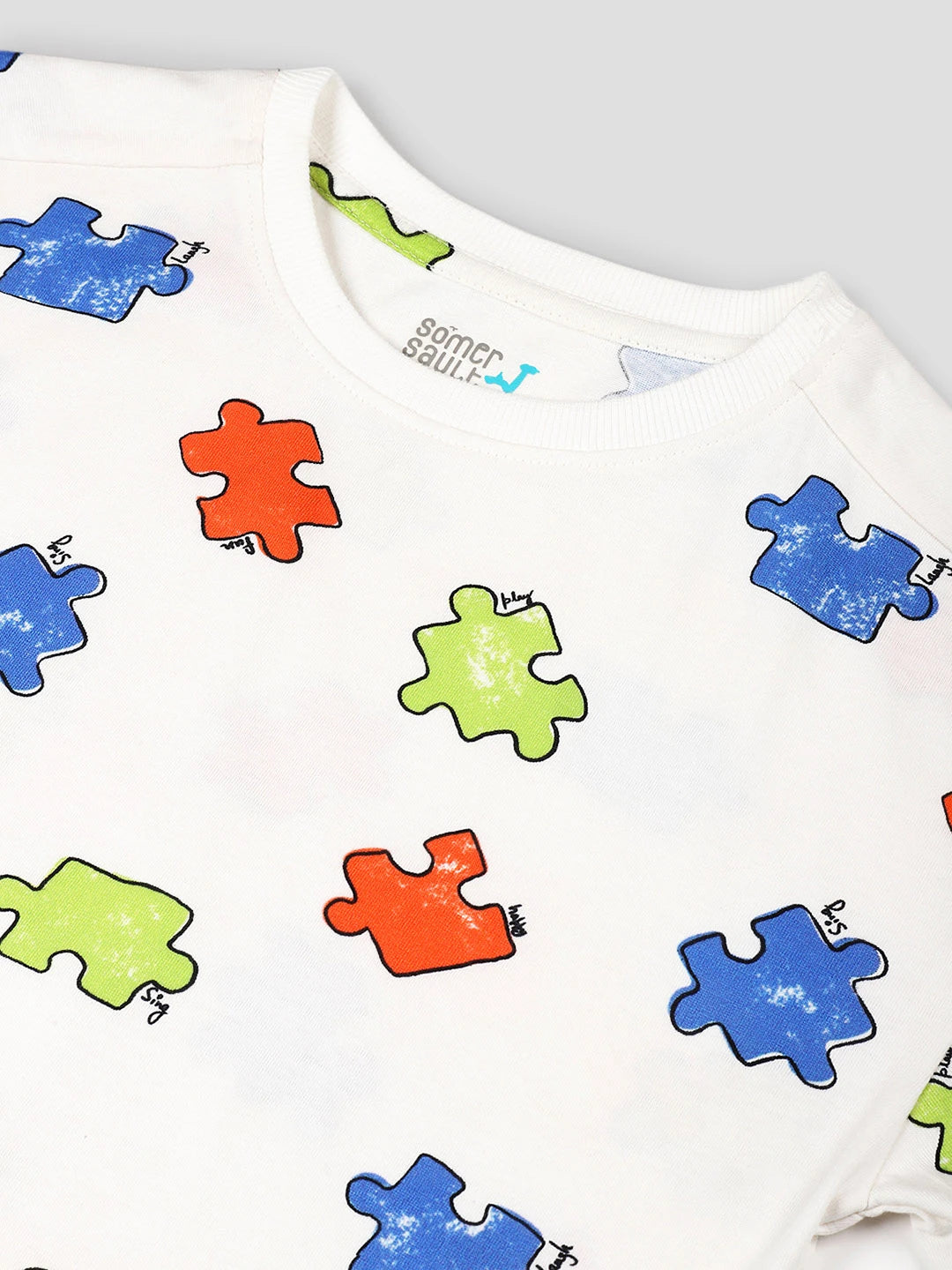 Rainbow & Puzzle Print Cotton T-Shirt Set for Girls