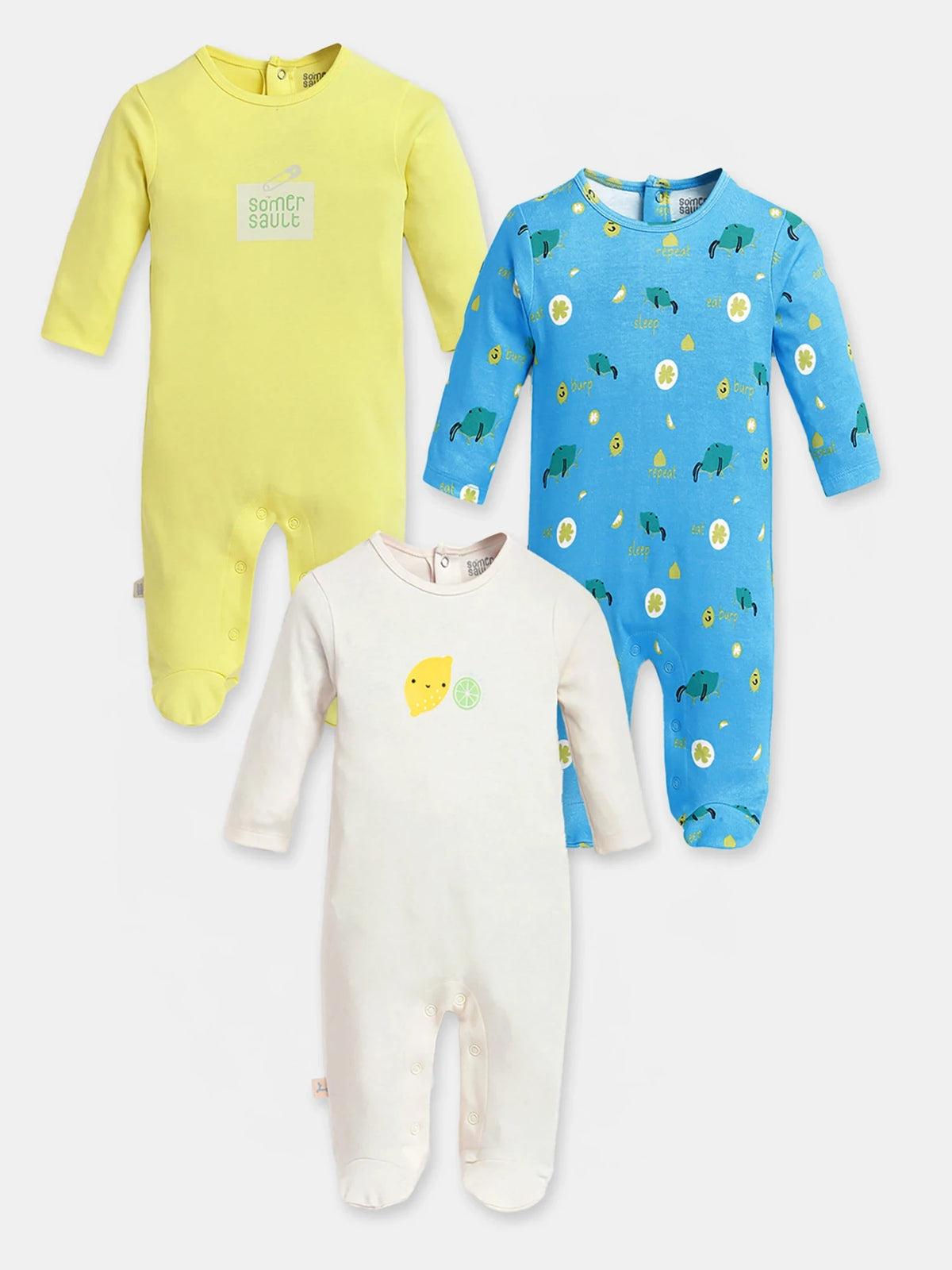 Squeeze Burp Repeat Printed Cotton Sleepsuit- Pack of 3
