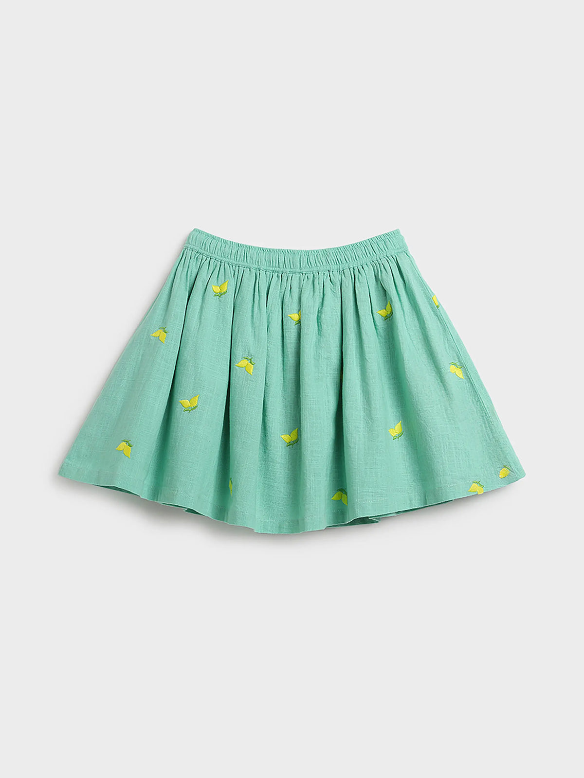 Mint Lemon Print Gathered Skirt for Girls