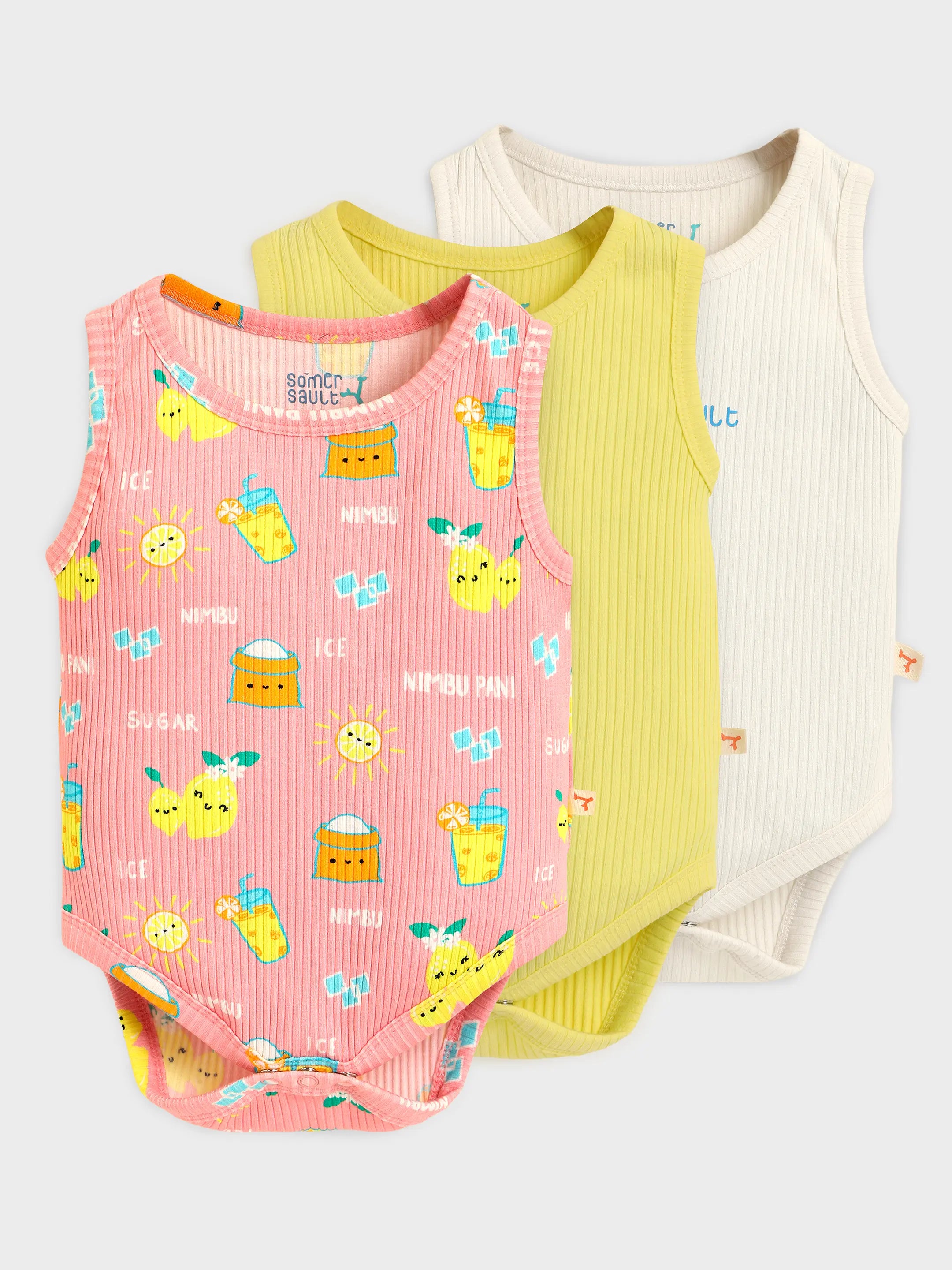 Playful Print & Solid Sleeveless Baby Bodysuit of Pack of 3