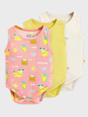 Playful Print & Solid Sleeveless Baby Bodysuit of Pack of 3