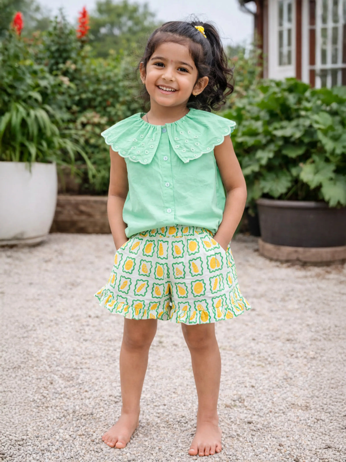 Mint Frill Collar Top & Printed Flared Shorts Co-ord Set
