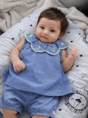 Blue Scallop Collar Baby Top & Bloomers Set