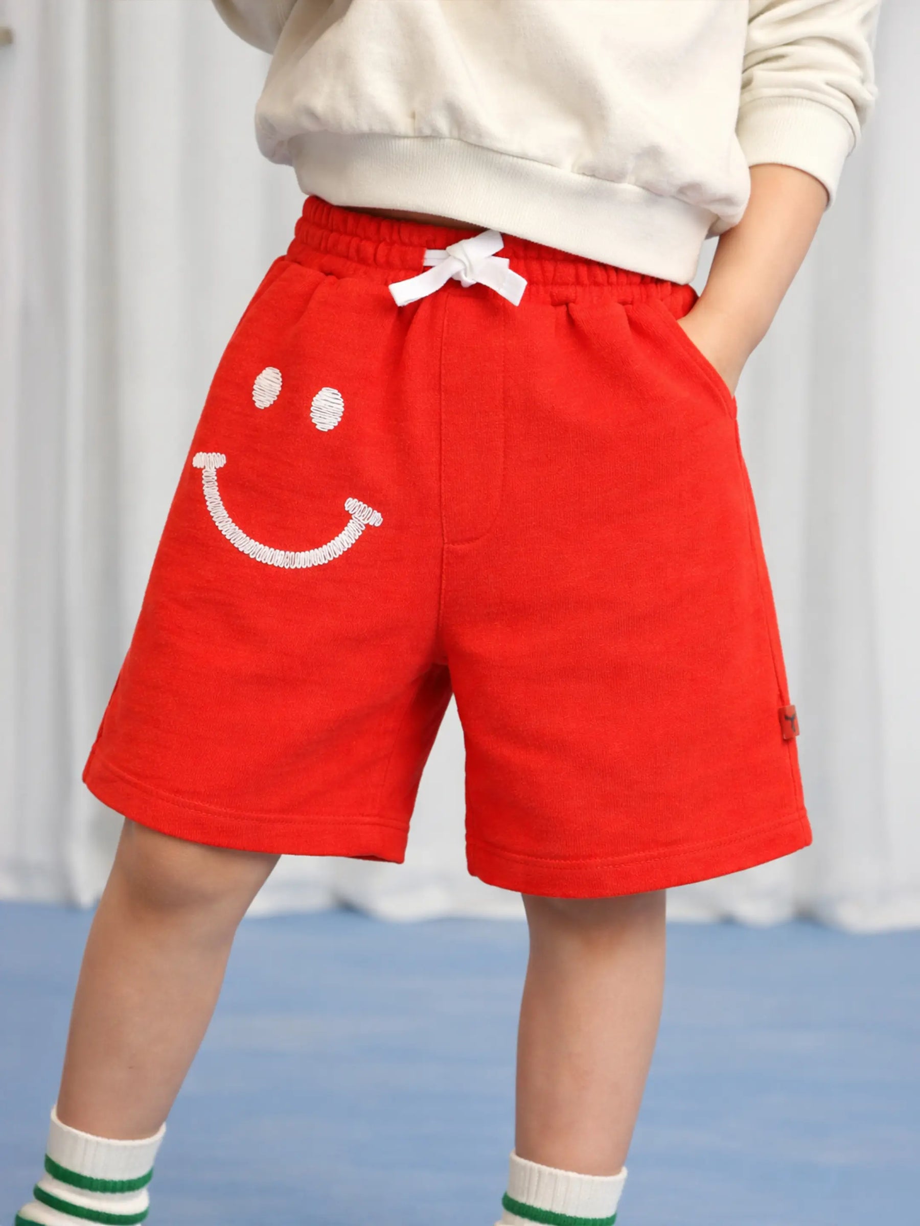 Boys Red Smile Embroidered Knit Shorts