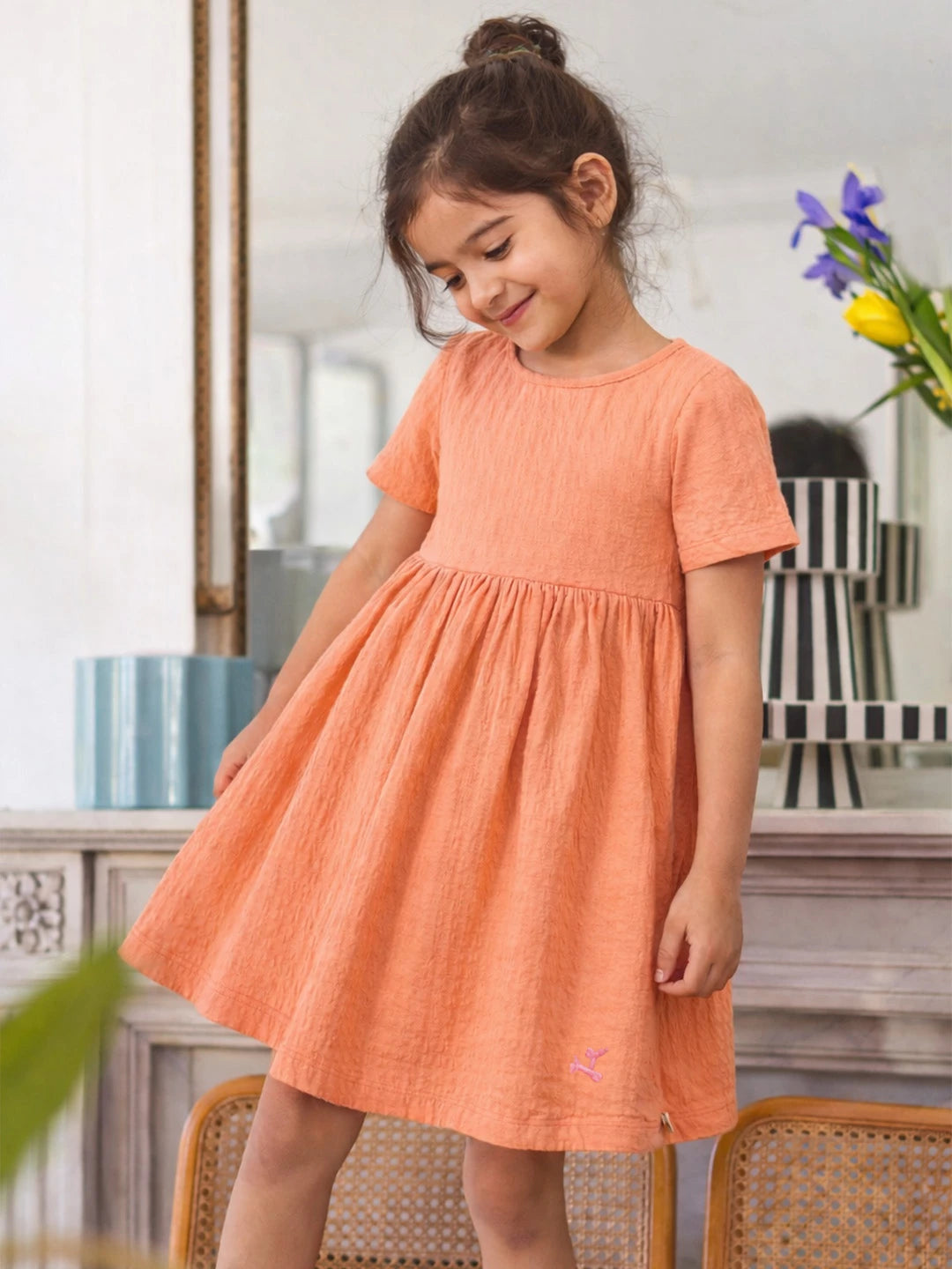 Peach Textured Short Sleeve Dress