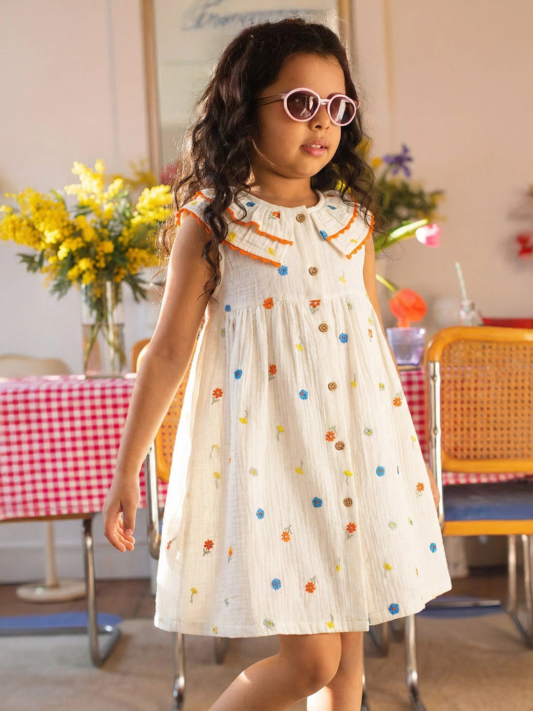 Floral Embroidered Crinkled A-Line Dress