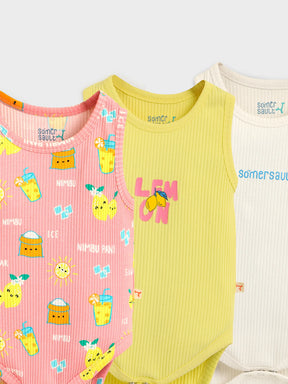 Playful Print & Solid Sleeveless Baby Bodysuit of Pack of 3