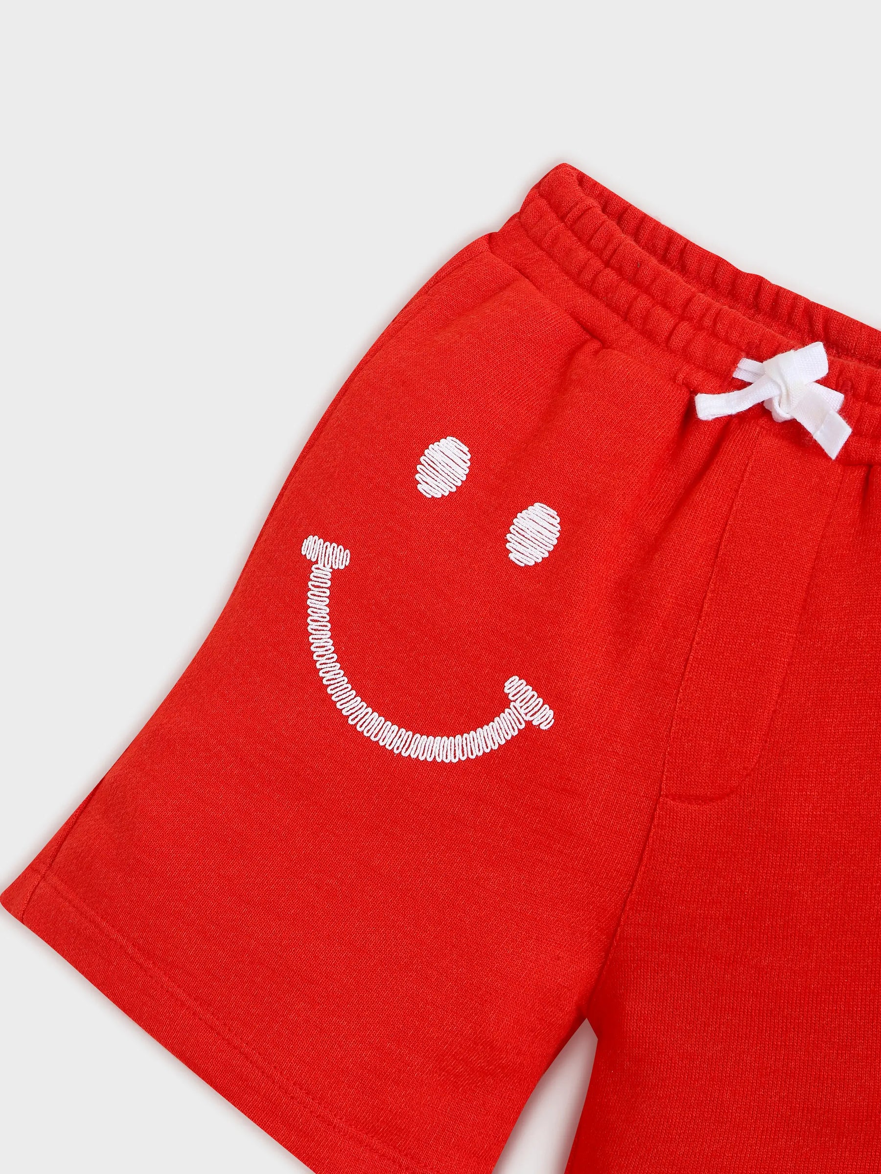 Boys Red Smile Embroidered Knit Shorts