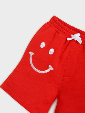 Boys Red Smile Embroidered Knit Shorts