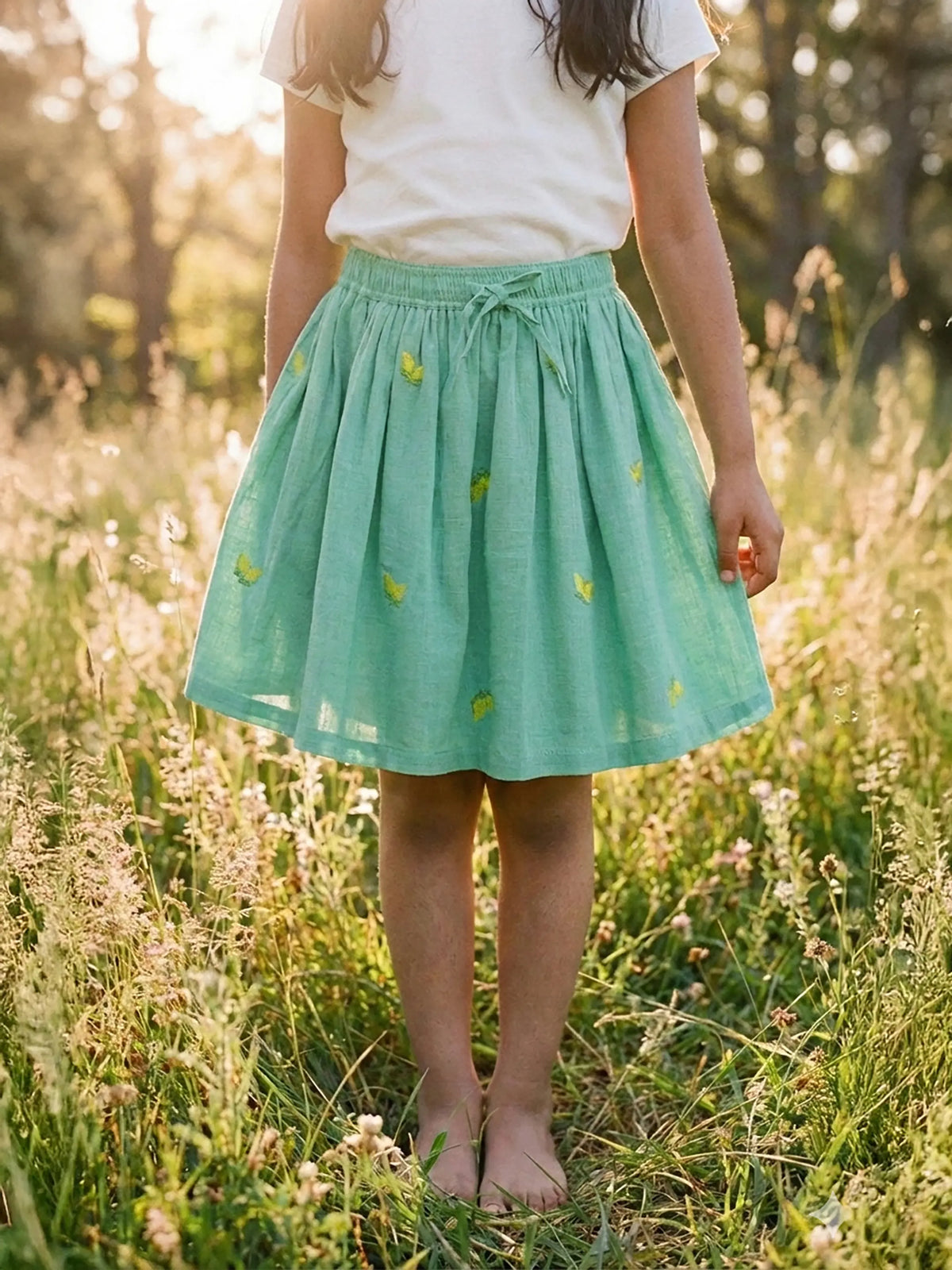 Mint Lemon Print Gathered Skirt for Girls