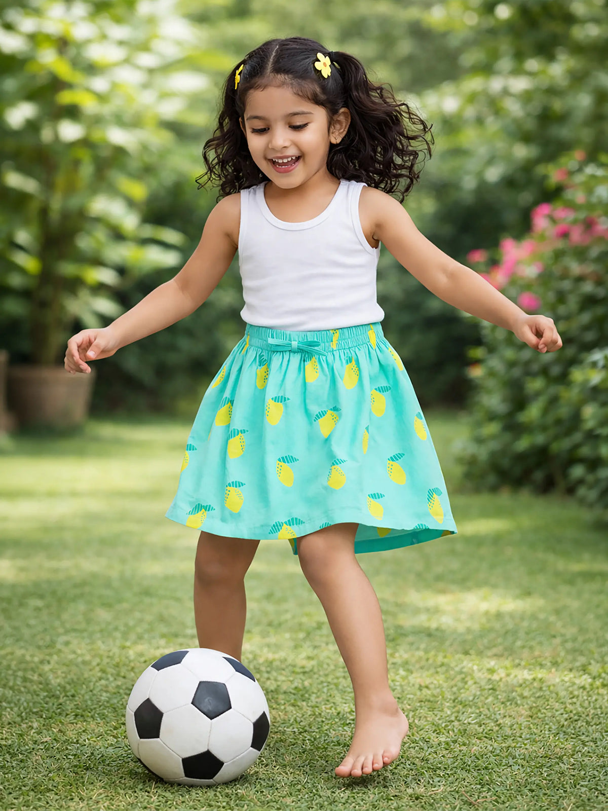 Aqua Pineapple Print Gathered Skirt for Girls