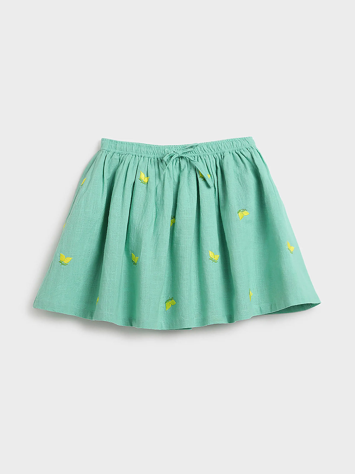 Mint Lemon Print Gathered Skirt for Girls