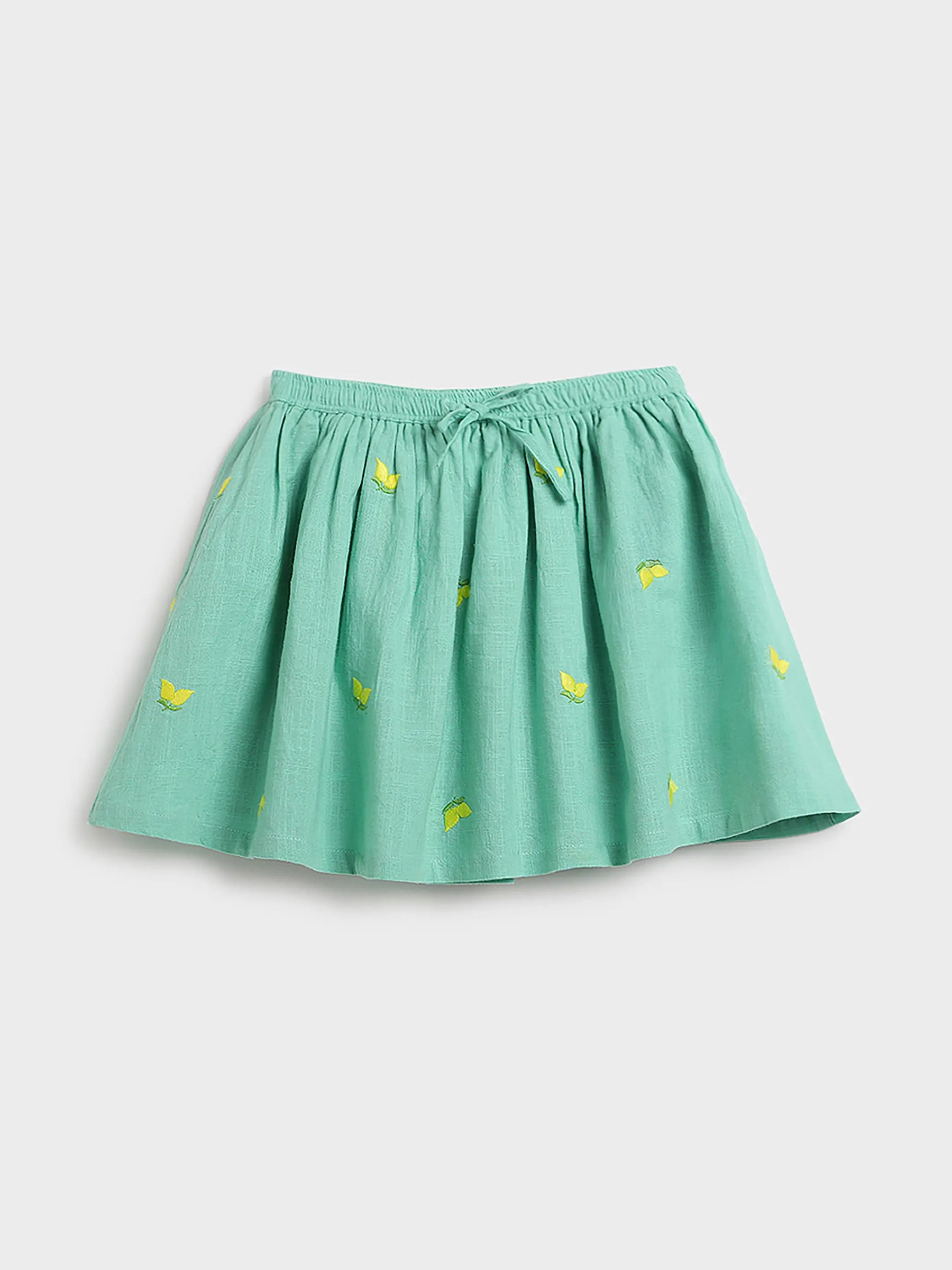 Mint Lemon Print Gathered Skirt for Girls