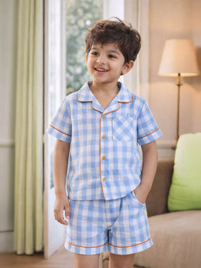 Ocean Gingham Cotton Shirt & Shorts Pyjama Set