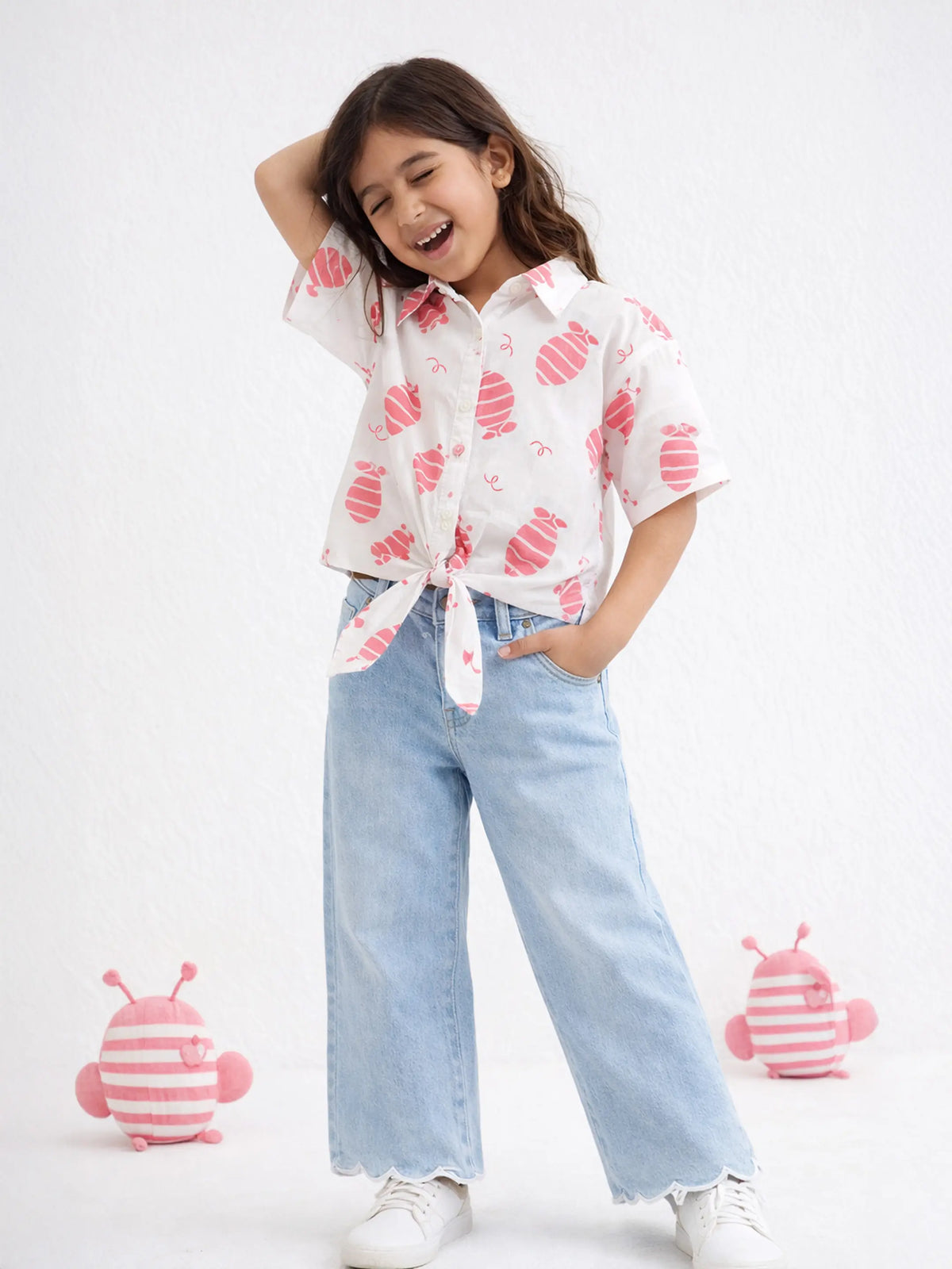 Pink Lemon Tie-Up Shirt & Scallop Denim Set