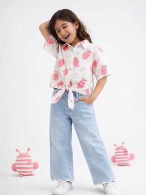 Pink Lemon Tie-Up Shirt & Scallop Denim Set
