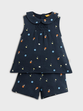 Blue Embroidered Top and Shorts Set