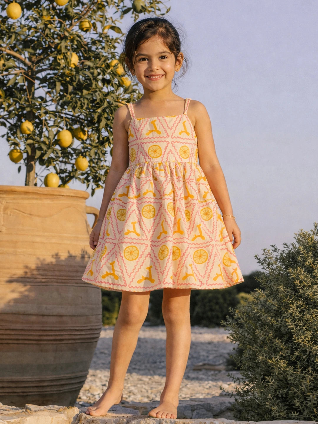 Peach Citrus Print Strappy Dress
