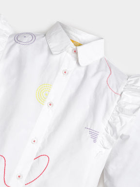 Ruffle Charm White Embroidered Cotton Shirt