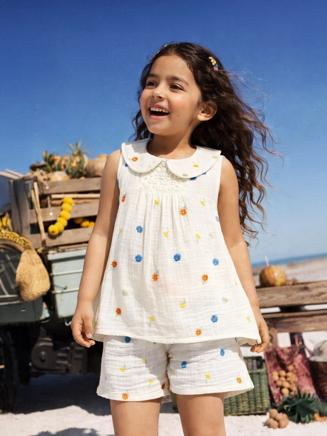 Floral Embroidered Cotton Top & Shorts Set