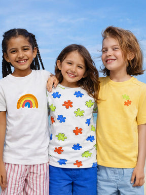 Rainbow & Puzzle Print Cotton T-Shirt Set for Girls