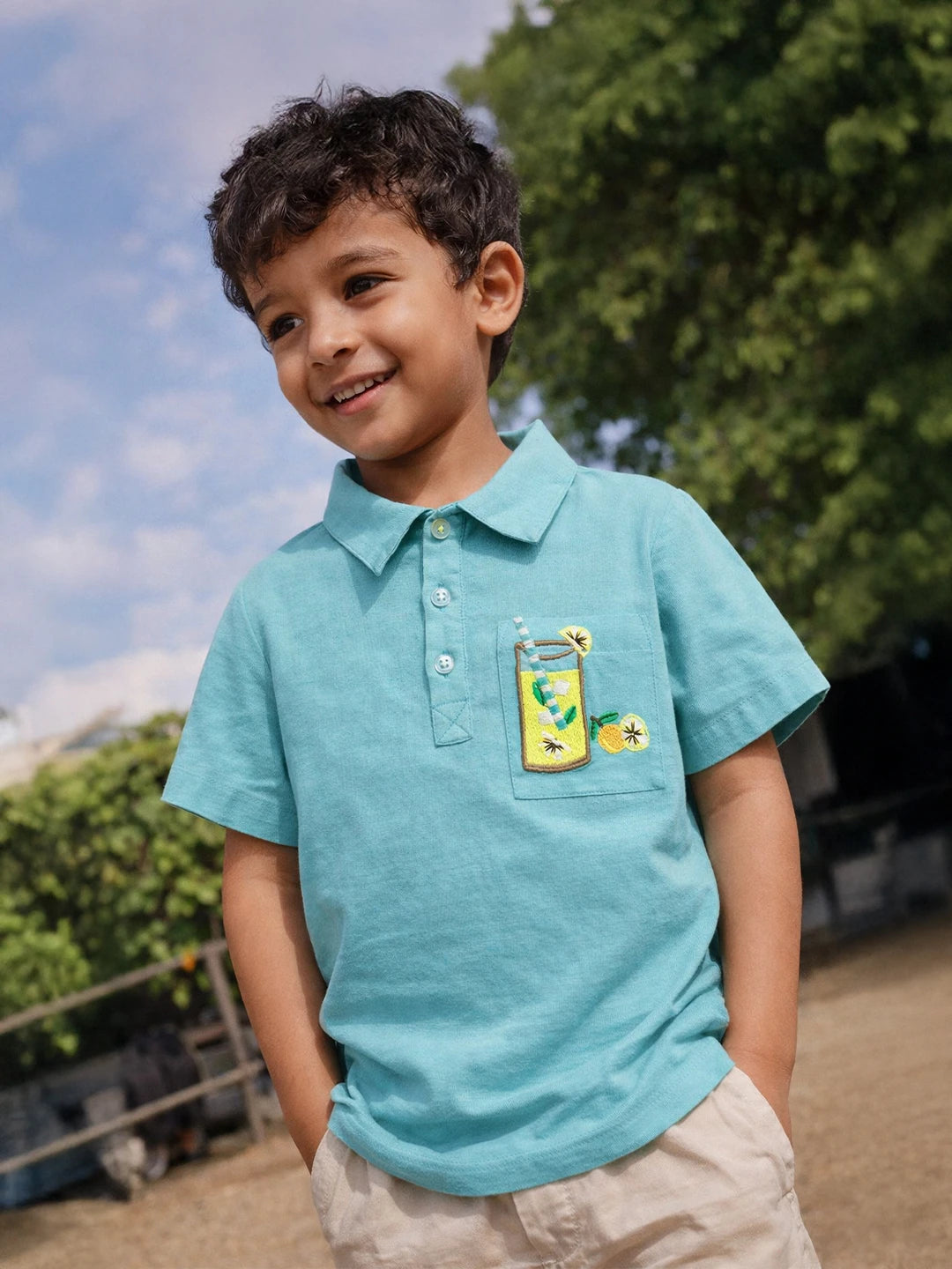 Aqua Blue Polo T-Shirt with Patch Pocket