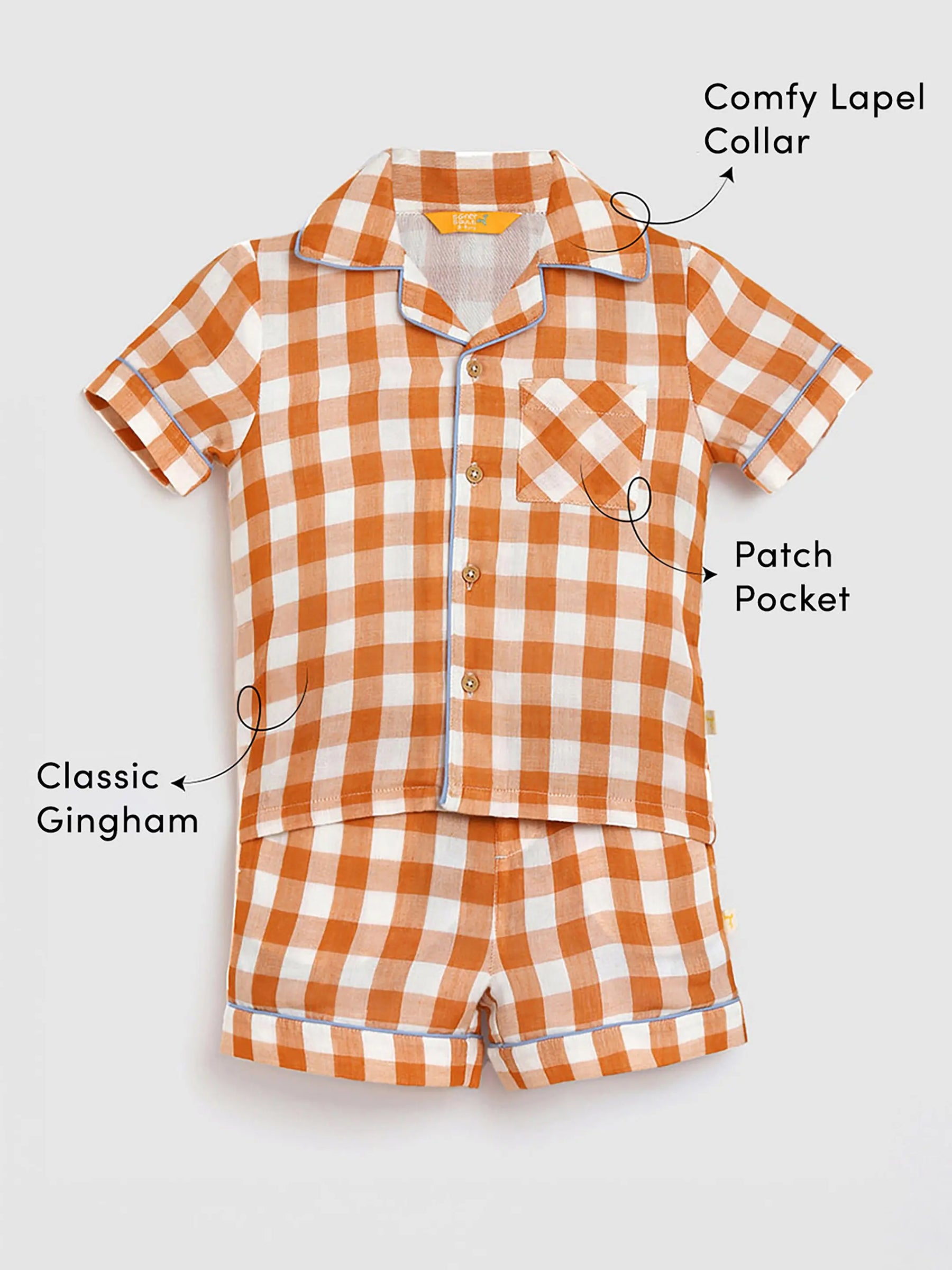 Brown Sugar Gingham Cotton Shirt & Shorts Pyjama Set