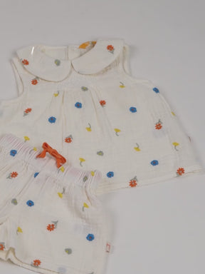 Floral Embroidered Cotton Top & Shorts Set