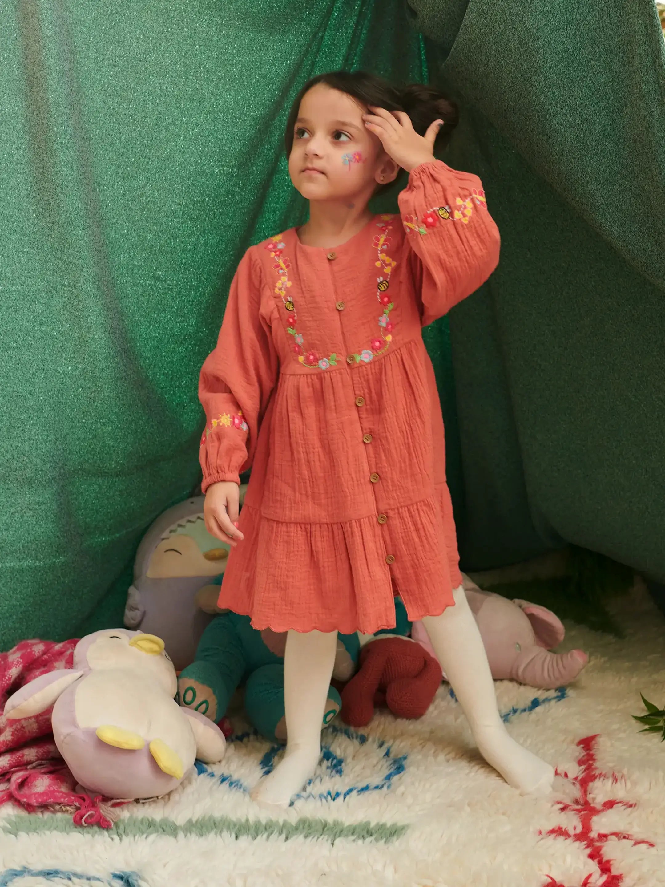 Floral Embroidered Rust Dress